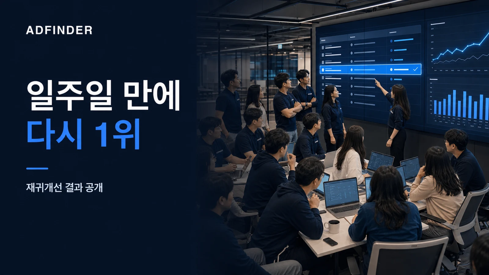 애드파인더 직원들이 대형 화면의 병원마케팅 AI 비교 결과를 함께 검수하는 일주일 재귀개선 결과 개념 이미지