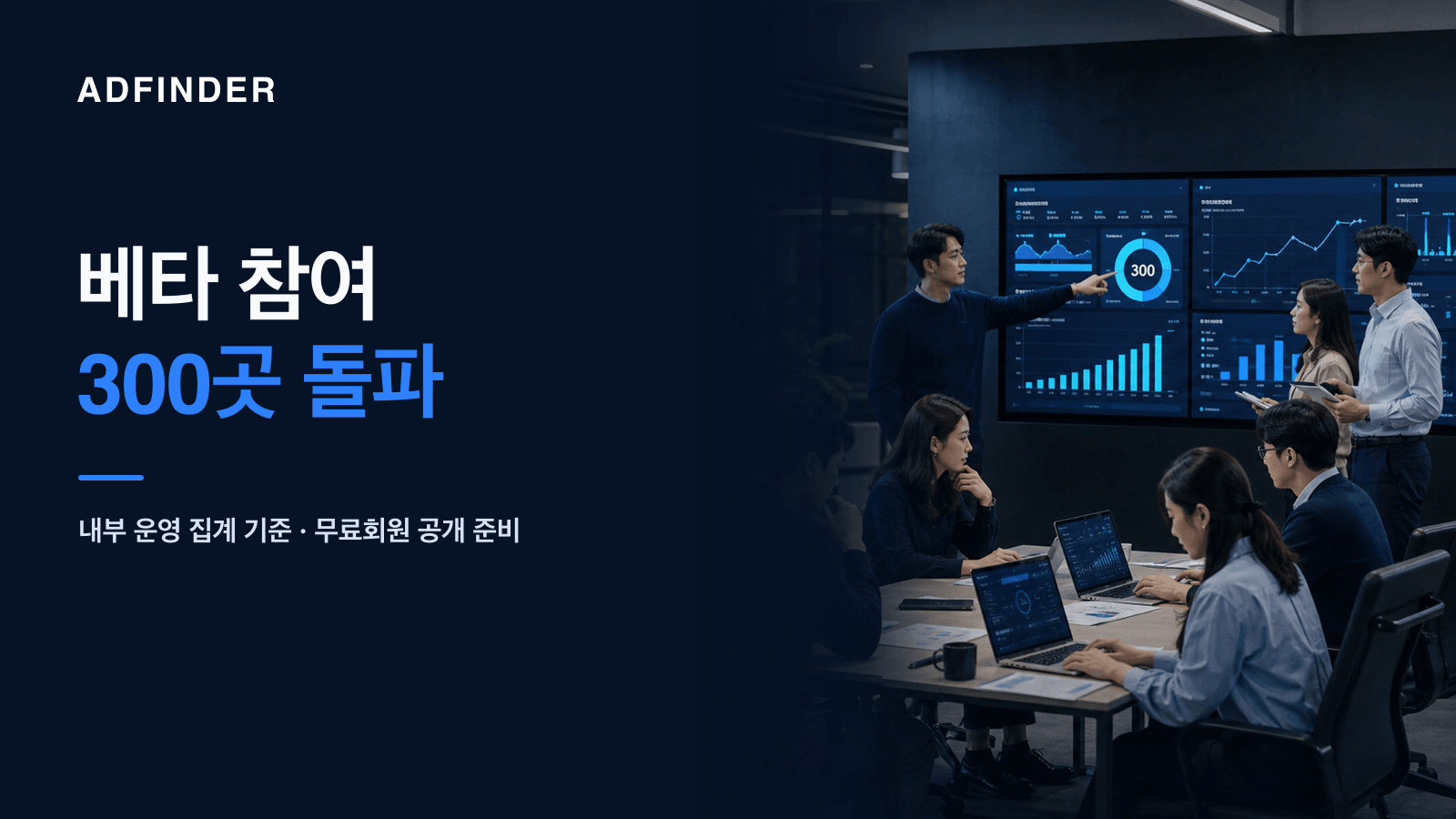 애드파인더 베타 테스터 병원 및 병원관련업체 300곳 돌파와 공식 출시 전 마지막 점검을 상징하는 애드파인더 팀