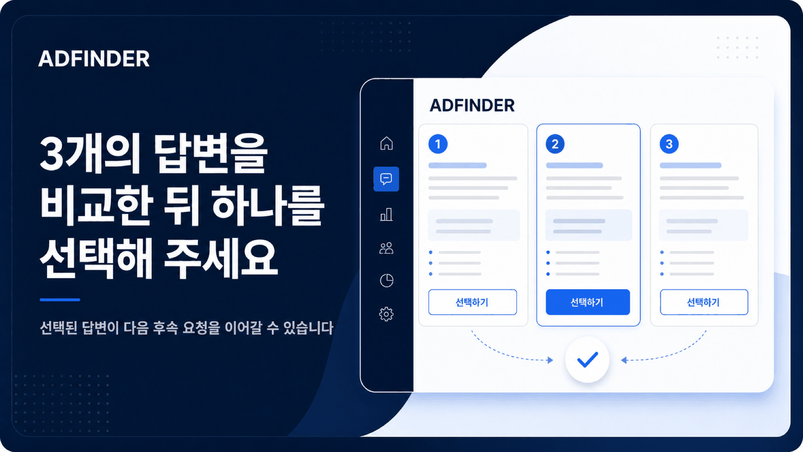 벤치마크 테스트 모드에서 3개의 답변을 비교한 뒤 하나를 선택하는 흐름을 보여주는 안내 카드