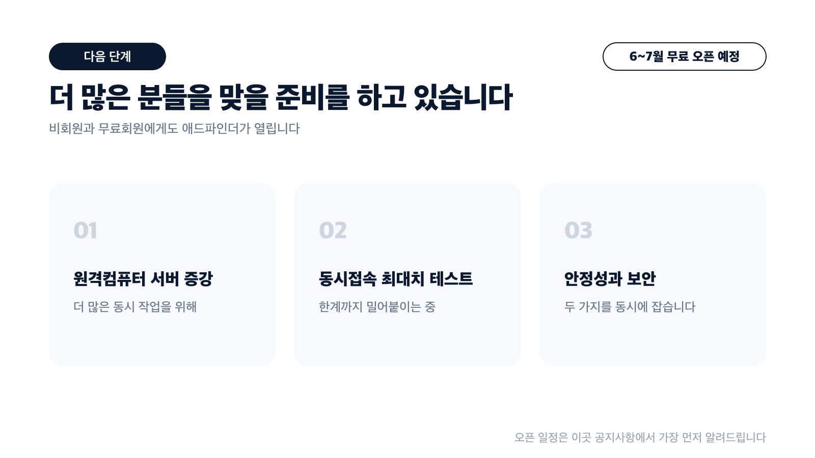 서버 증강, 동시접속 최대치 테스트, 안정성과 보안 — 6월 무료회원 공식 베타 오픈을 준비하는 다음 단계 카드